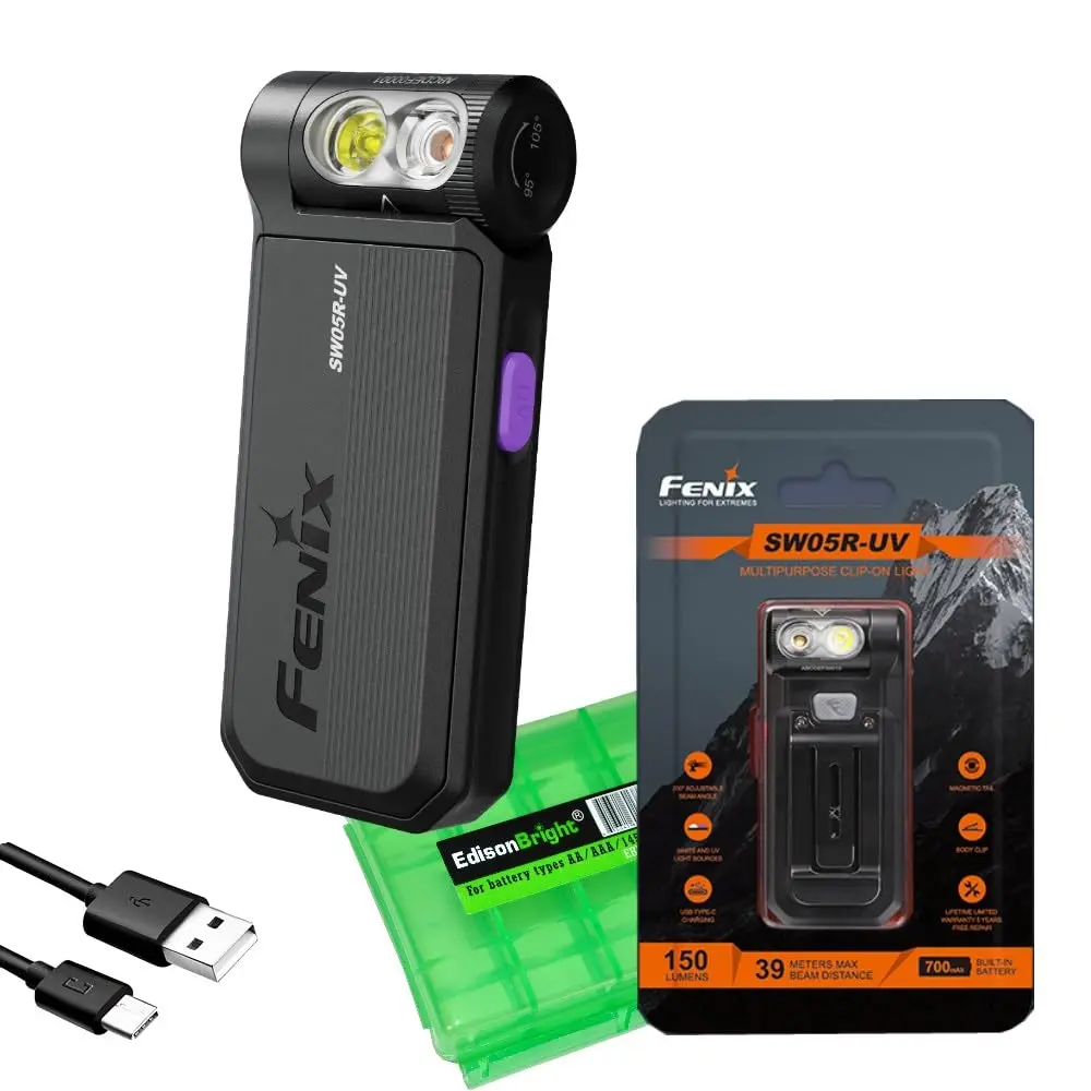 Fenix SW05R-UV Clip On Flat Body swival Flashlight with UV Light/Black Light with EdisonBright Accessory case Bundle