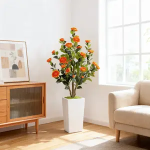 Artificial Camellia Tree in Pot, Faux Camellia Plant with Orange Silk Flowers, Faux Camellia Tree, Potted Artificial Flower Tree, Indoor Home Decor, Detachable Design, 4FT