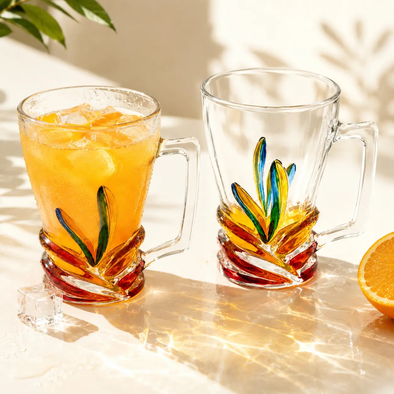 Colorful Leaf Glass Mug, 12.2oz Clear Drinking Cup with Handle for Juice, Iced Coffee, Tea, Milk, Soda & Cocktails
