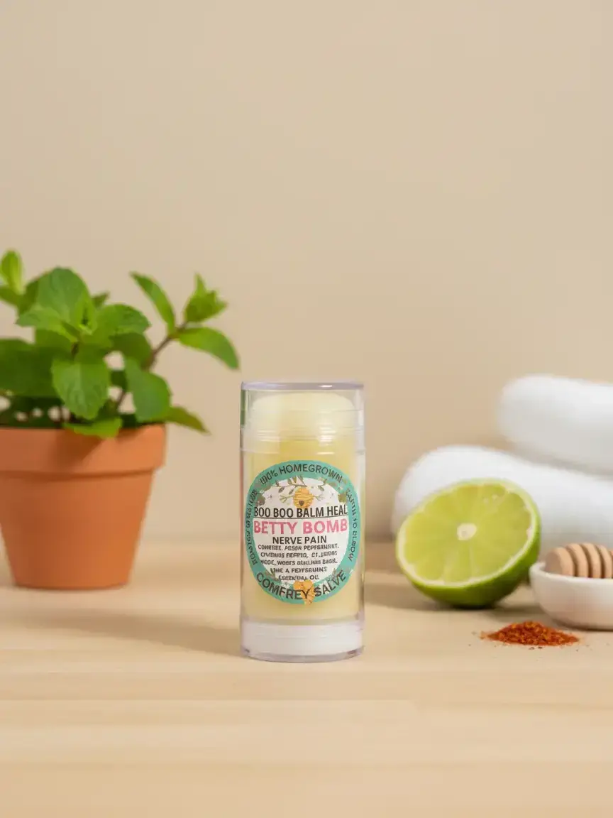 BOO BOO BALM HEAL BETTY BOMB TRAVEL SIZENerve Pain Relief Stick, Cooling Aromatherapy Balm with Peppermint, Cayenne & Coconut Oil, Unisex Travel Size, Health, Wellness, Citrus, Cayenne Pepper, Scented, Peppermint Oil