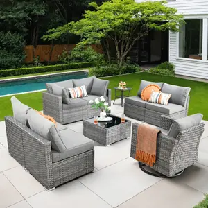 CAODOC 9-Piece Patio Furniture Set, Outdoor Patio Furniture with Swivel Chairs Set, Thick Cushions, Modular Patio Sofa, Dual-Strand Wicker Rattan, Rust-Resistant Frame