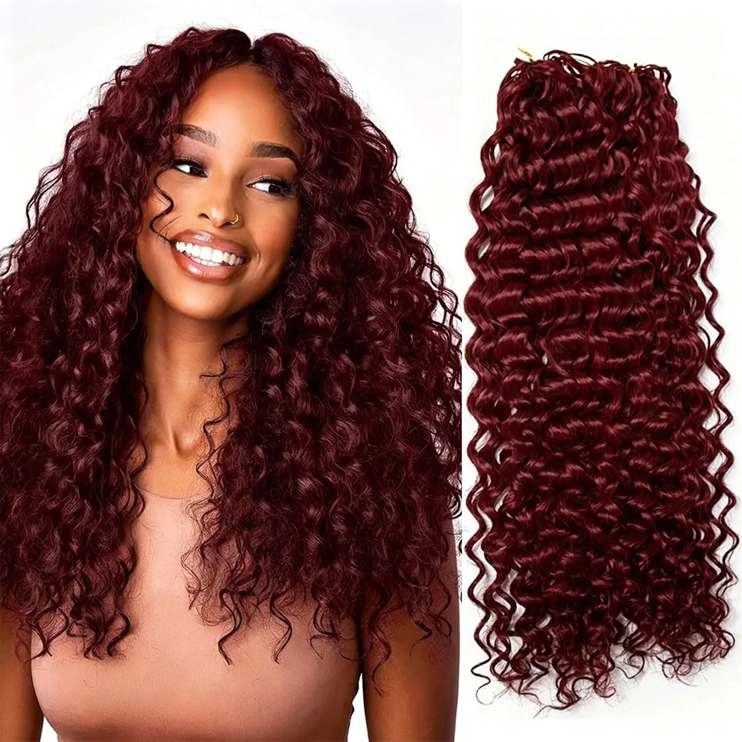 99J Red Burgundy Burmese Curly Crochet Human Hair for Women 14-24 Inch, 50g Pre-Separated Feather Crochet Braiding Hair, Invisible Miracle Knots No Weft Bulk Hair, Soft Lightweight Kinky  Curly Bundles Deep Wave Hair Extensions Bling Hair