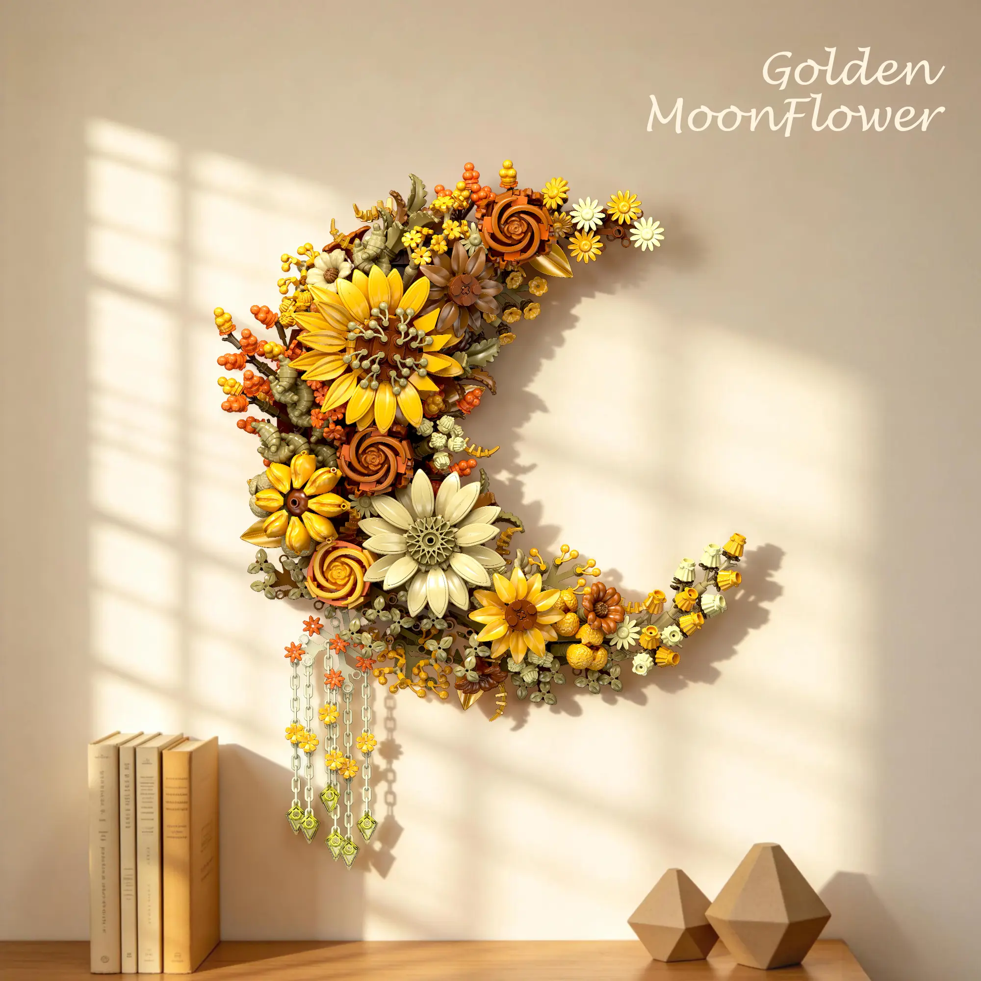 Golden Moon Flower Building Block Wall Decor Set，939 Pieces Botanical Collection Artificial Floral Wreath Model Kit for Adults, DIY Home Decor Craft Gift for Valentine's Day, Mother's Day, Wedding Anniversary Artificial Flowers Decorative