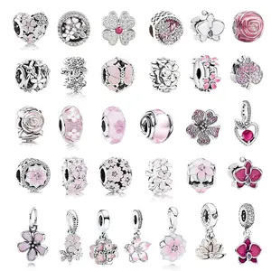 Silver Plated Pink Flower Charm Beads for Bracelet, Crystal Clover Rose Butterfly Dangle Charms, DIY Bracelet Jewelry Making Gifts for Women
