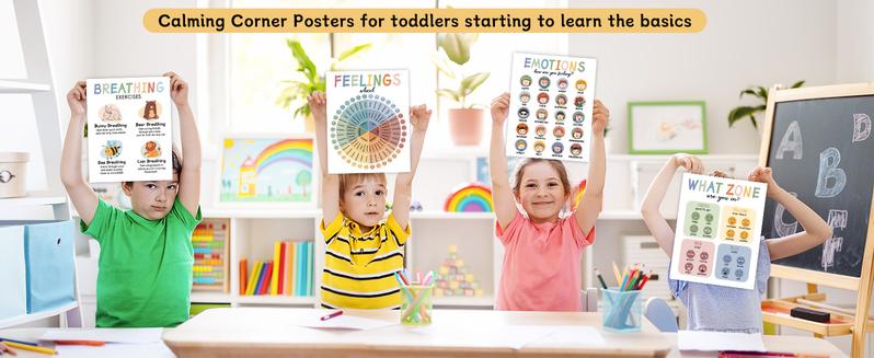 12 Calming Corner Posters (10x8) - Feelings Wheel Chart & Emotions Poster, Calming Corner Supplies For Therapy, Mental Health  Laminated Toddler Educational Wall Posters