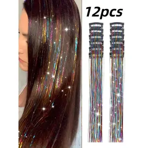 Fairy Hair Metal Wire Set, 12-Piece Clip-On Rainbow Hair Accessories, 20-Inch Sparkling Hair Extensions for Women & Girls
