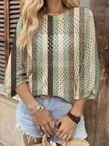 Spring Summer Women's Hollow Out Batwing Sleeve Knit Top, Colorblock Striped Print, Casual Elegance, Boho Beachwear, Bikini Cover-Up, Swimsuit Coverup, Swimsuit Cover Ups, Swimwear Coverups, Beach Cover Ups, Swimsuits Cover Ups