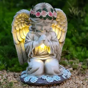 Sun Angel Garden Statue, Outdoor Lawn Decoration Sculpture Lights, Waterproof Resin Flower Sculpture with LED Lights, Art Housewarming Decoration Gift for Patio Fairy Backyard Lawn Balcony Veranda