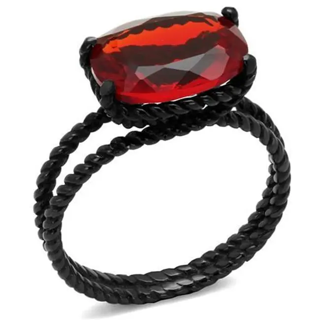 212 MAIN Women's IP Black Stainless Steel Dark Aesthetic Stackable Ring with Synthetic Siam Oval Stone - Size 9, Dainty Stacking Rings, Fashion Accessory, Dark Aesthetic Rings