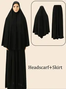 Women's Dress Set, 2pcs Muslim Style Soft Fabric Comfortable Fit, Plain Pattern All Season Wear, Modest Design Headscarf & Maxi Skirt Combo, Modesty