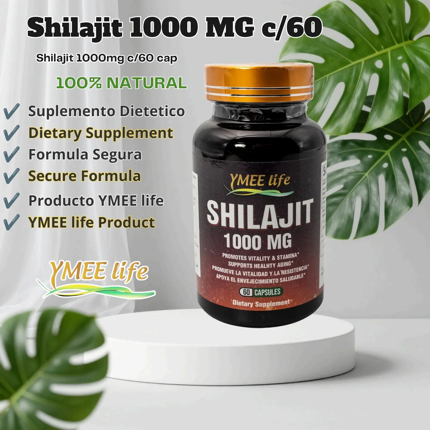 YMEE Life Organic Shilajit Mineral Dietary Supplement - 1000mg, 60 Edible Capsules, Fumaric Acid-Infused, Fulvates Source, All Natural Supplement, Prop 65 Safe, Brain Health & Energy Boost Support