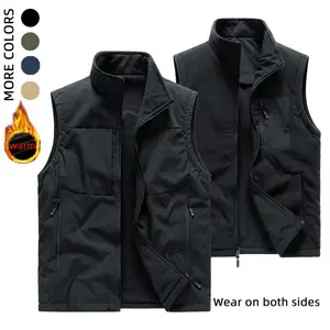 Men's Double-Sided Wearable Vest, Multi-Pocket Sleeveless Jacket with Stand Collar, Autumn and Winter Men's Clothing, Zippered Pocket Warm Vest, Windproof Outer Layer and Fleece Lining, Sports Casualwear for Men Menswear Stylish
