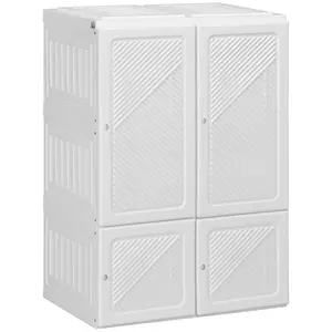 HOMCOM Portable Wardrobe Closet, Folding Clothes Storage Organizer with 3 Cube Compartments, Hanging Rod, 4 Magnet Doors, White