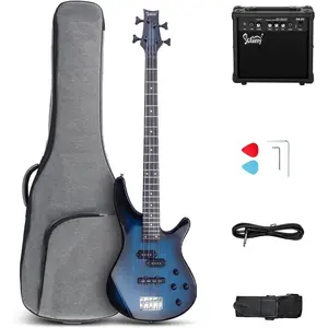GLARRY 4 String Electric Bass Guitar Beginner Kit, GIB Series Full Size Solid Body Bass Guitar with 20W AMP, Gig Bag Backpack and Accessories (Dark Blue)