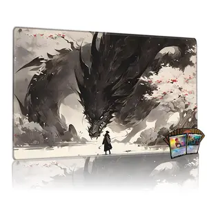 Ink Wash Dragon & Samurai Playmat for Mtg, 24x14 Inch Tcg Game Mat, Eastern Duel Myth Art Mousepad Desk Mat, Ideal Gift for Fans