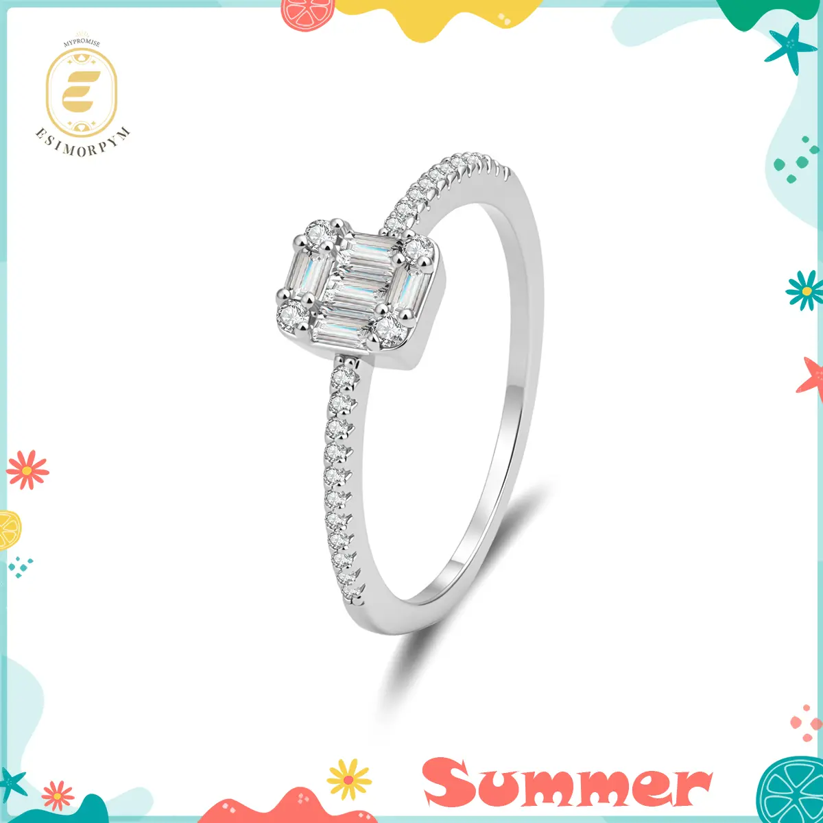 Moissanite Vintage Pave Baguette Ring Silver-Plated Cluster Sparkly Dainty Jewelry Wedding Engagement Anniversary Valentine's Day Birthday Gift Daily Wear