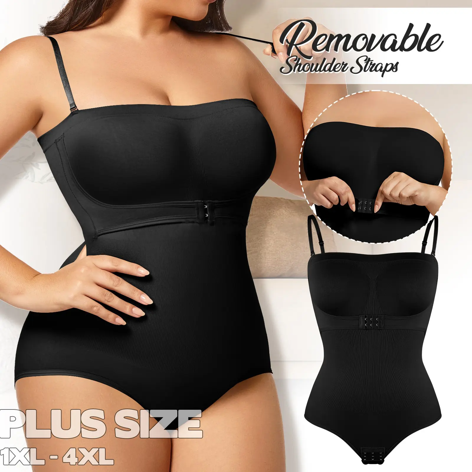 Women's Plus Size Strapless Seamless Bodysuit - Basic Piece with Removable Straps, Tummy Control, Butt Lifter Faja, Comfortable Fabric That Fits Flawlessly, Adjustable, Mesh, Breathable, Hip