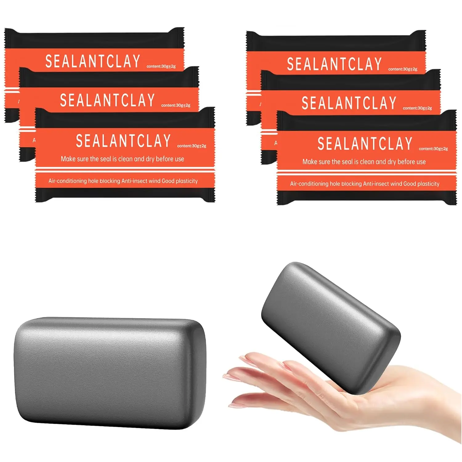 Quick Mending  Sealant Putty (6 Pack) - Gray Sealing Clay for Air Conditioning Gaps, Wall Holes, Drain Pipes & Duct Repair