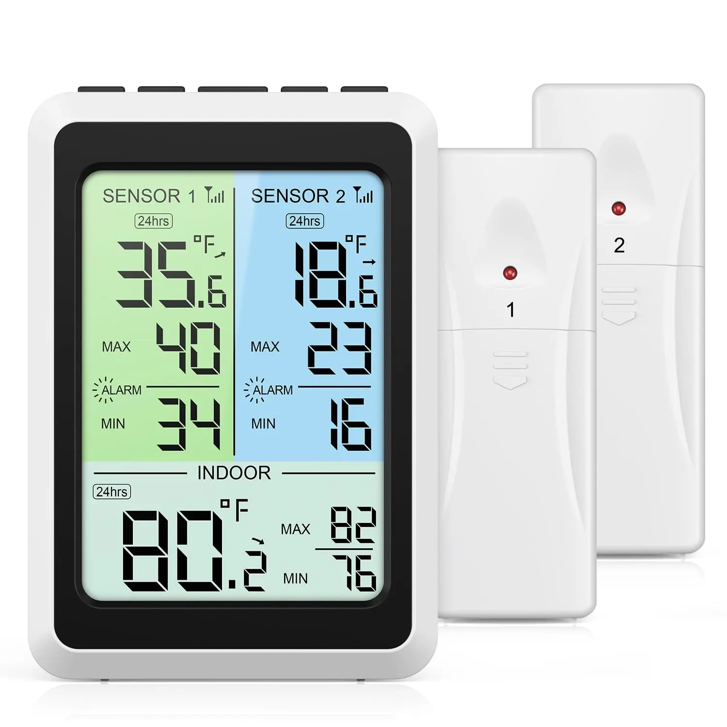 Refrigerator Thermometer with Alarm - 4.5 inch Wireless Fridge Thermometer with 2-Level Backlight, 2 Sensors, Digital Freezer Thermometers with Max/Min Records, for Homes Restaurants Cellars