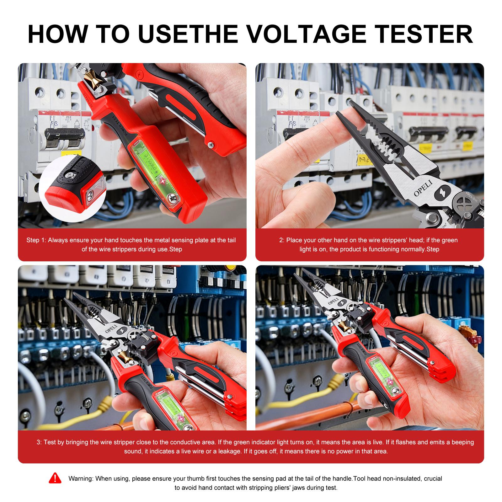 OPELI 8-in-1 Multi-Function Wire Stripper Pliers Diagonal Cutters for Nails Electrical Cables Special Tools with number display Voltage Tester&Alarms, Detectable12-250V, Heavy-Duty Electrical Pliers&Wire Cutters-for Professionaland Home Use detail 3