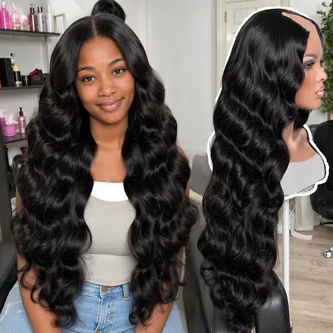V Part Wigs Human Hair Body Wave Upgrade U Part Human Hair Wigs With Drawstring Vpart Clip In No Leave Out Half Wig Glueless for Women Beginner Friendly 180% Density Natural Black 26 Inch