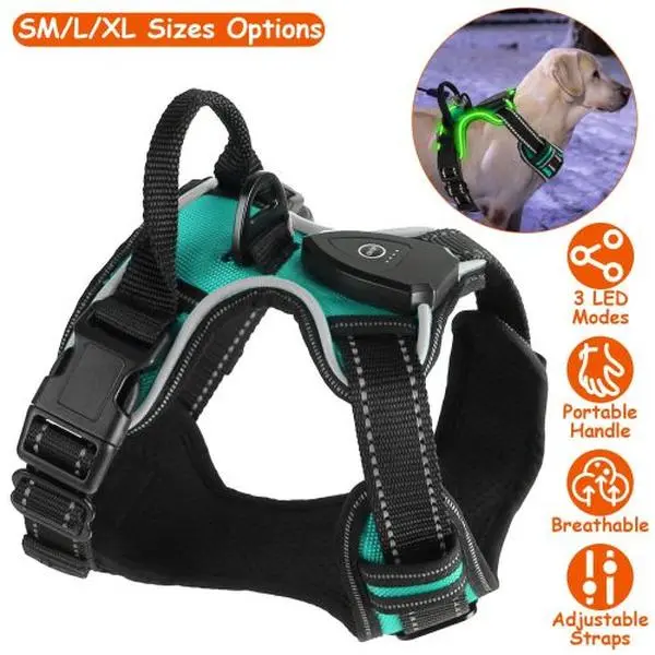 PetSafe Light Up Dog Harness Rechargeable LED No Pull Vest with Handle for Small Medium Large Dogs SM L XL Sizes Options 3 LED Modes Portable Breathable Adjustable Straps