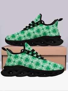 Men's Random Clover Print Lace Up Sneakers, Casual Comfortable Breathable Sports Running Shoes, Male All-match Round Toe Shoes for Daily Wear, Trainer