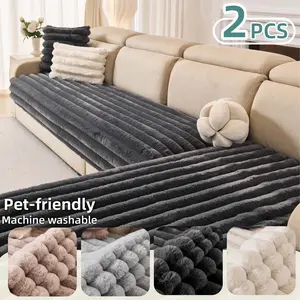 2 PCS Thick Plush Sofa Covers,  Pet Friendly Machine Washable Sofa Protector Mat, Soft Ribbed Couch Seat Pads,Cozy Anti Scratch Couch Cover for Sectional Loveseat 3 Seater Living Room, Washable Sofa Slipcover