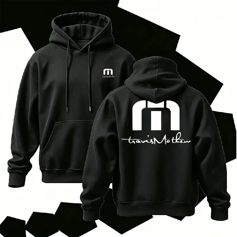 TravisMathew Two Sides Print Hoodie Front Small Chest Logo Back Big M Logo Graphic Pullover Golf Lifestyle Casual Streetwear Hooded Sweatshirt