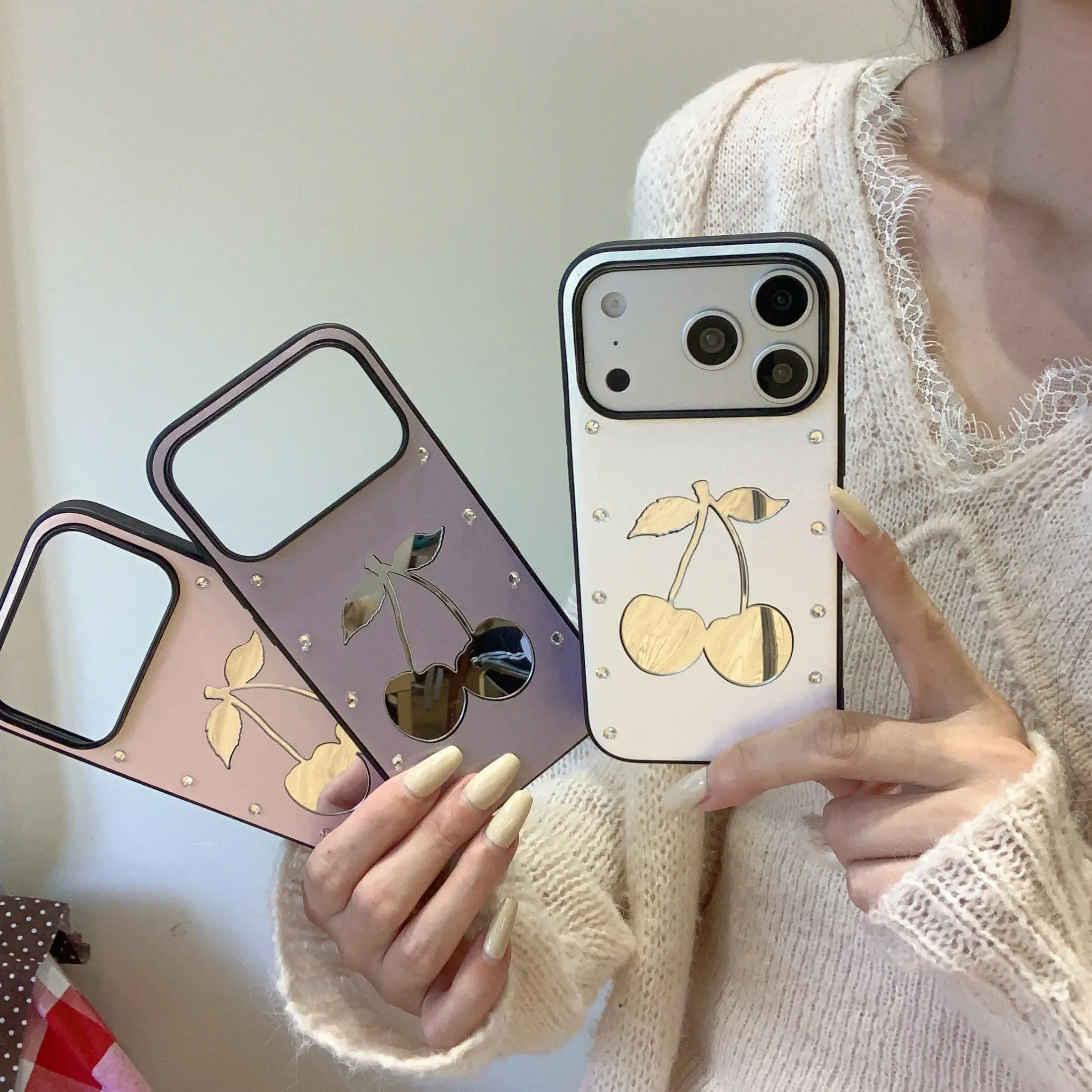 Diamond Mirror Cherry Glitter Finish Phone Case for iPhone 15 Pro Max,14 Pro Max,13,12 Series - Women's Fashion Heavy Duty Protective Cover, Heavy Duty Protection