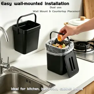CM Rabbit  No Drill Wall Hanging Trash Can with Lid, Dual Use Kitchen Countertop Waste Bin with Portable Handle
