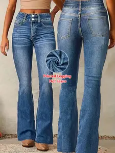 Women's Faux Denim Print Flare Pants Fitted, Casual Fashion Long Trousers, All-Season Blue Jeans Style, Non-Denim Fabric, Comfortable Fit