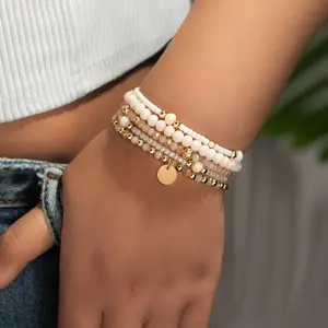 5Pcs Boho Chic Faux Pearl & Beaded Stretch Bracelet Set - Elegant Vintage Style Jewelry for Everyday & Party Wear, Women Gift