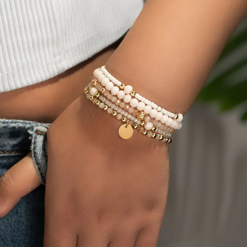 5Pcs Boho Chic Faux Pearl & Beaded Stretch Bracelet Set - Elegant Vintage Style Jewelry for Everyday & Party Wear, Women Gift