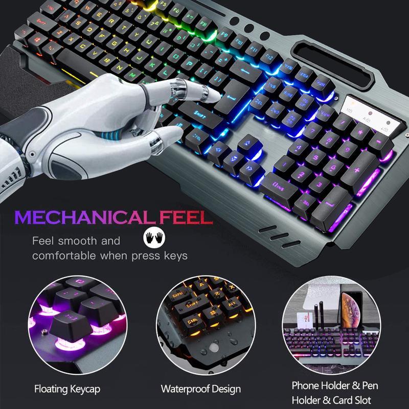 RGB Backlit Wireless Gaming Keyboard and Mouse Combo - Rechargeable, Metal Panel, Mechanical Feel for Laptop and PC Gamers
