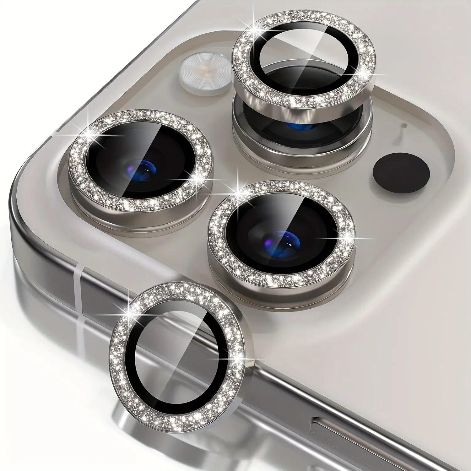 Bling Aluminum Diamond Tempered Glass Camera Screen Protector for iPhone 17/16 Pro Max, 16 Plus/16E/15/14/13 - Scratchproof, Wear-Resistant, Stylish Protective Cellphone Accessory - No Night Photography Interference