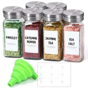 4oz 6PCS Spice Jars with Adjustable Shaker lids，21 Labels, Spice Jars Trial Set & Supplement Set, Empty Ingredient Containers and Square Ingredient Bottles for Kitchen and Seasoning