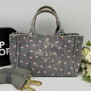 Pre-owned PRADA As Shown Shoulder Bags Canapa Small Elephant Print Canvas Tote Bag LA15662