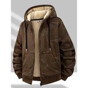 Men's Plus-Size Retro Classic Winter Hooded Jacket - Fleece-Lined Thickened Full-Zip Cardigan Coat with Fleece Lining, Zippered Pockets & Drawstring Hood, Dark Blue/Black/Beige Gradient Pattern, Outer Shell & Fleece Lining for Col