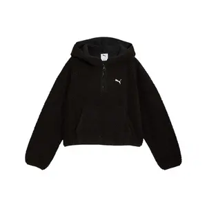 PUMA Womens Wardrobe Essentials Oversized Polar Fleece Quarter Zip Hoodie Athletic Outerwear Casual - Black