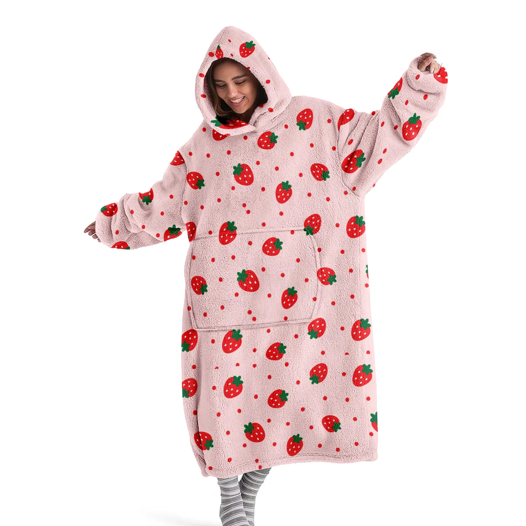 hoodie blanket，Wearable Blanket，Strawberry Print Hooded Blanket Sweatshirt, Wearable Blanket with Pockets, Fall Winter Casual Sweater, Birthday Christmas Gift，Christmas Gift,Valentine's Day gift