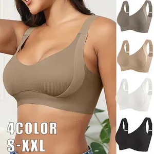 Y EssElegance 2/4PCS Women's Solid Four-breasted Adjustable Breathable Seamless Bra, Soft Comfortable Ribbed Push Up Wireless Bra, Women's Lingerie for All Seasons