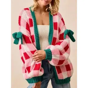 Christmas Winter Knitted Plaid Color Block Bow Tie Collarless Long Sleeve Cardigan, Casual Daily Wear, Women's Fashion Sweater