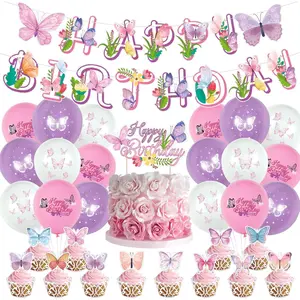 Spring Butterfly Birthday Party Decorations for Girl   Party Supplies Kit Include Happy Birthday Banner Cake Topper Cupcake Toppers Balloons