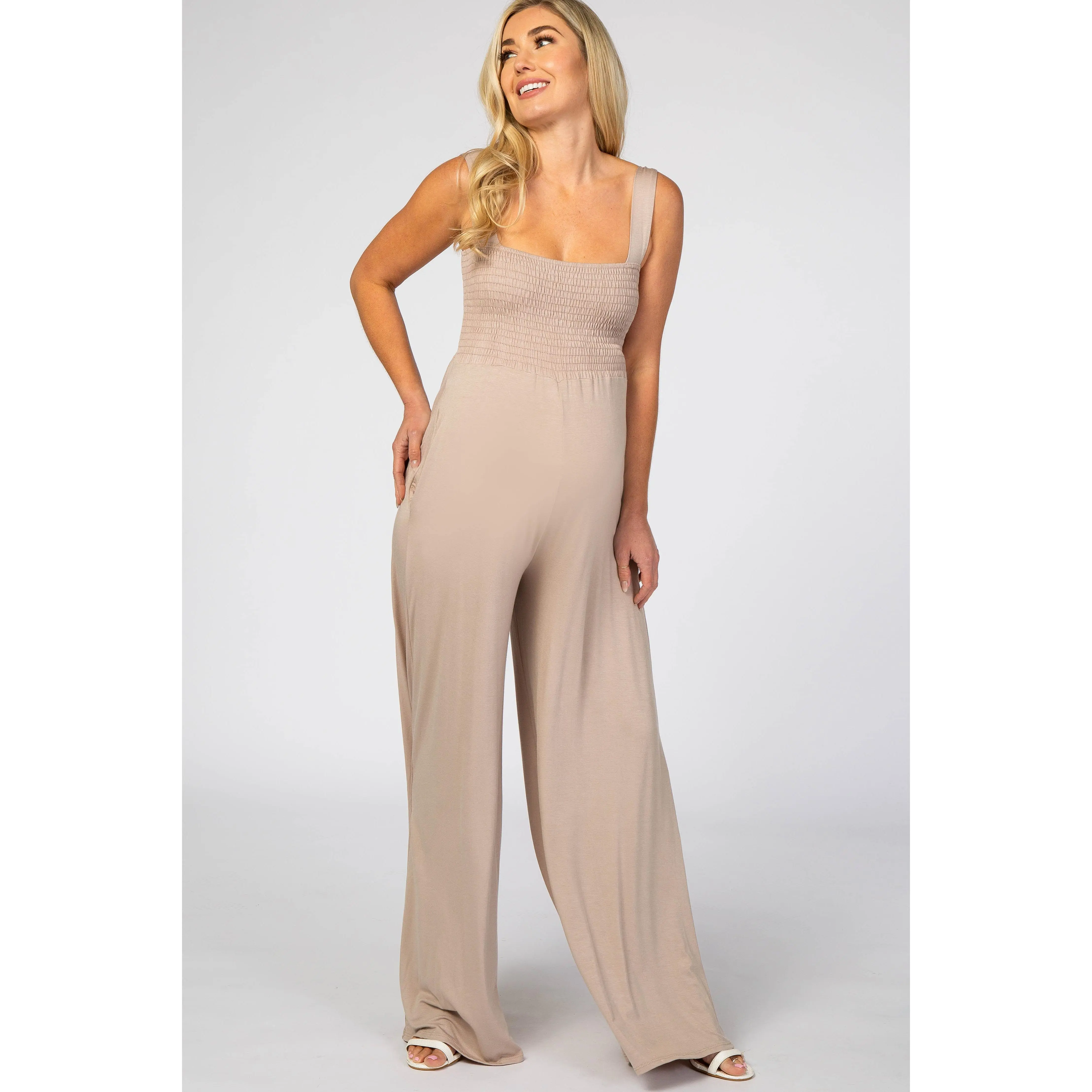 Taupe Sleeveless Wide Leg Maternity Jumpsuit, Cute Maternity Clothes, Pregnancy Clothes, Maternity Outfits