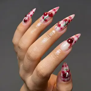 Pink Gingham Picnic Press on Nails with 3D Ladybugs, Cherry Fruit False Nails, Cute Red and Pink Checkered Nails, Summer Vacation Nails