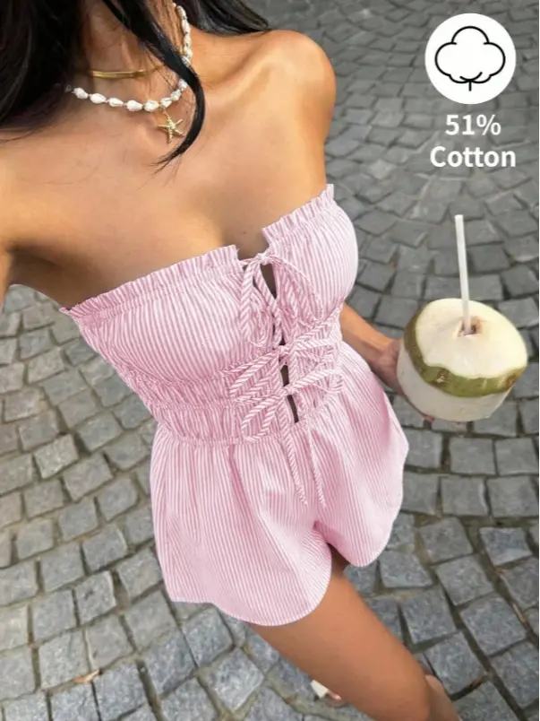BODYGOLD Plaid Cotton Strapless Tie-Front Open Back Romper, Elegant For Spring/Summer Vacation, Shopping, Everyday Wear