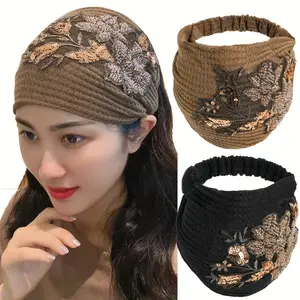 2 vintage floral embroidered headbands, with beads and sequins, wide-brimmed knitted polyester headbands, tribal style headscarves, suitable for women, ideal gift for normal hair types