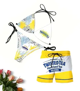 Matching Twisted Tea Swimwear Set for Couples - Swim Bra & Tie Side Thong Bikini + Men's Beach Shorts, Summer Vacation Swimsuit, Hawaiian Shirt Style, Aloha Beach Outfit, Casual Holiday