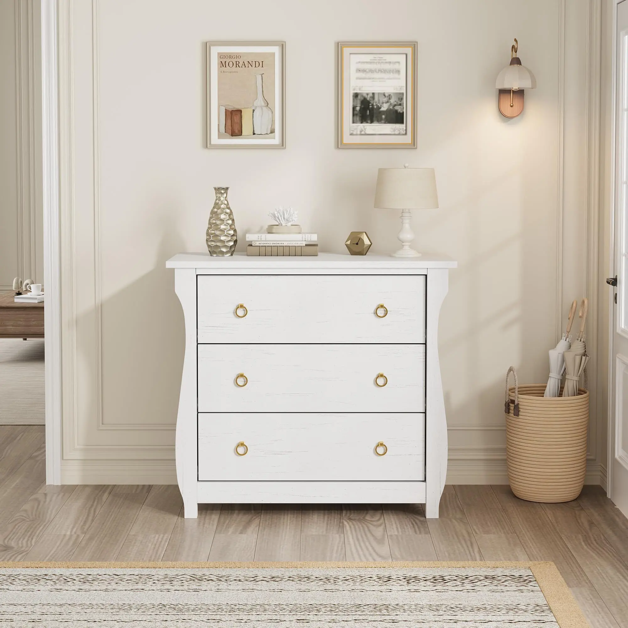 White Boho 3-Drawer Wood Dresser - Rattan Accents, Curved Legs, Anti-Tip Base, Waterproof, Extra Deep, Assembly Required Cupboards Cabinets Chest - Compact Indoor Storage Organizer for Bedroom, Living Room, Cupboards Cabinets Dresser